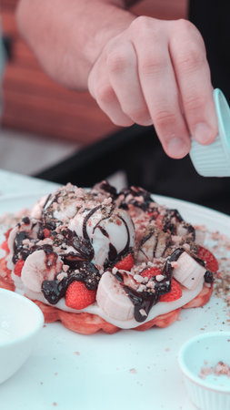 Delicious waffles with chocolate sauceの写真素材