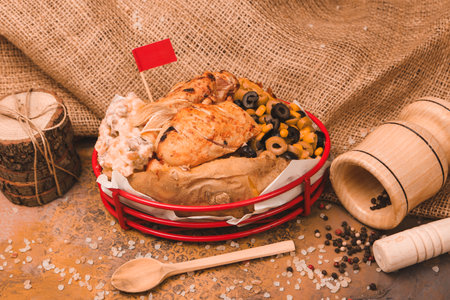 Baked kumpir potato stuffed with the cheese, sausage, olives, peppers and cornの写真素材