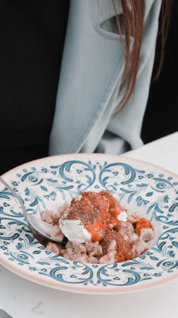 Turkish Manti manlama on plateの写真素材