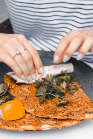 Turkish pizza pita with a different stuffing.の写真素材