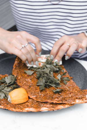 Turkish pizza pita with a different stuffing.の写真素材