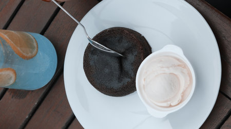 Chocolate souffle on the tableの写真素材