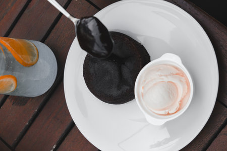 Chocolate souffle on the tableの写真素材