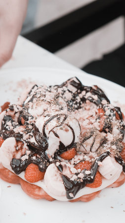 Delicious waffles with chocolate sauceの写真素材