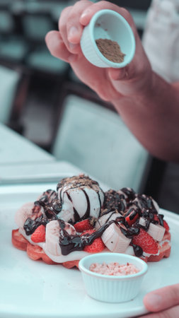 Delicious waffles with chocolate sauceの写真素材