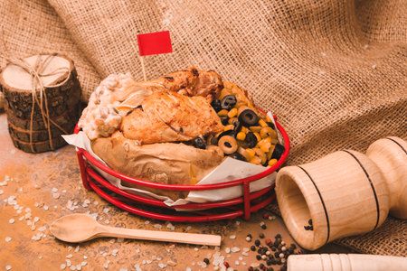 Baked potato stuffed with cheese, sausage, olives, peppers and cornの写真素材