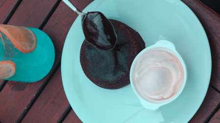 Chocolate souffle on the tableの写真素材