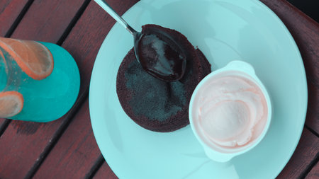 Chocolate souffle on the tableの写真素材