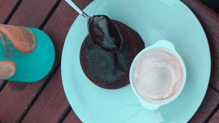 Chocolate souffle on the tableの写真素材