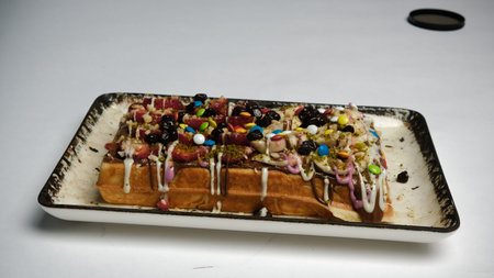 Delicious waffles with chocolate sauce