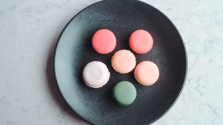 Close-up of macarons cakes of different colorsの写真素材