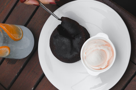 Chocolate souffle on the tableの写真素材