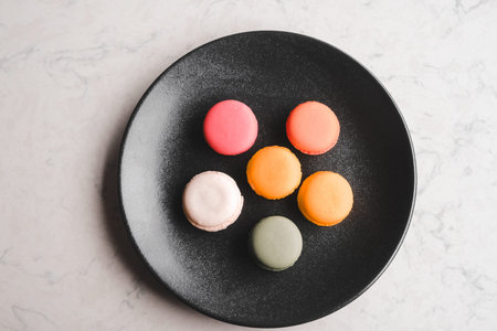 Close-up of macarons cakes of different colorsの写真素材