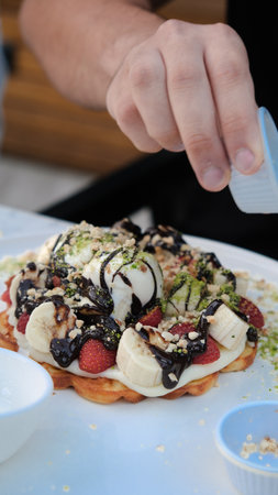 Delicious waffles with chocolate sauceの写真素材