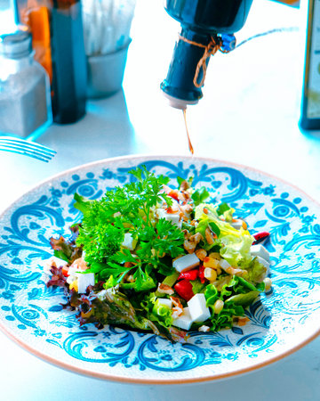 Fresh salad plate with mixed greensの写真素材