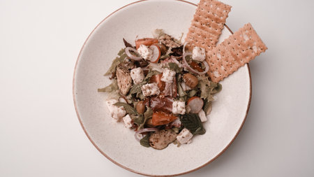 Fresh salad plate with mixed greensの写真素材