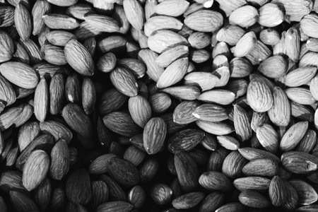 Almond nuts background. Black and white. Close-up.