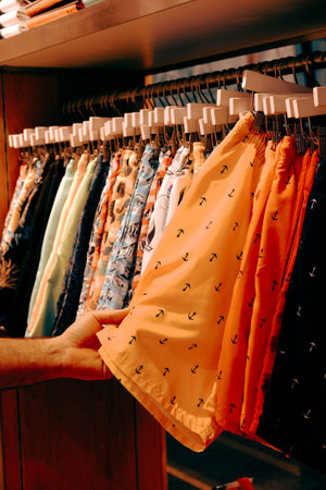 Male hand holding colorful shirts on hangers in store. shopping concept