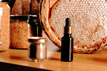 Cosmetic bottle with pipette on wooden shelf in beauty spa salonの写真素材