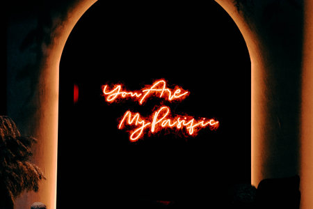 Neon sign in front of the entrance to the restaurant in the eveningの写真素材
