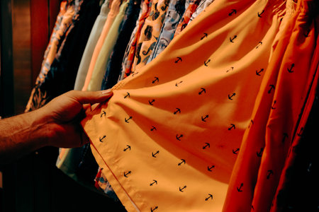 clothes in a fashion store - close up of a woman's hands choosing clothesの写真素材