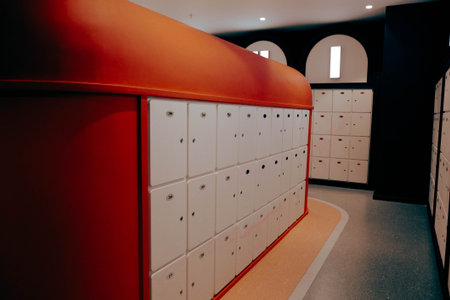Row of lockers in a modern locker room, close-up