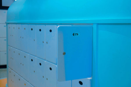 Close-up of a blue box in a modern office.