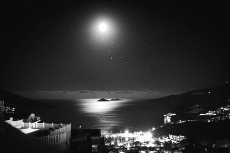 Night view of the sea and the starry sky. Black and white photo.