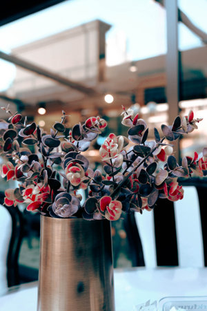 Decorated table for an event party or wedding reception in a restaurantの写真素材