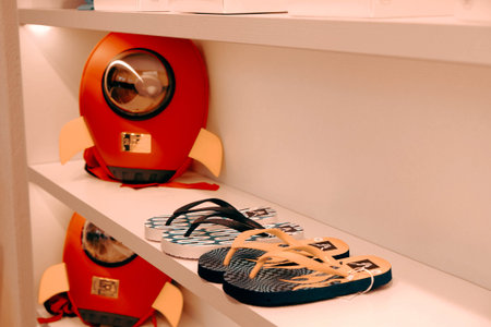 Shelves with shoes in store, closeup of photoの写真素材