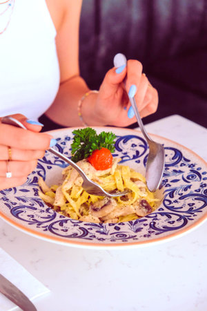 Tasty appetizing classic Italian pasta with a delicious sauce.の写真素材