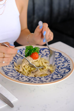 Tasty appetizing classic Italian pasta with a delicious sauce.の写真素材