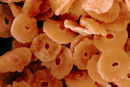 close up of dried orange slices in a shop window, food background