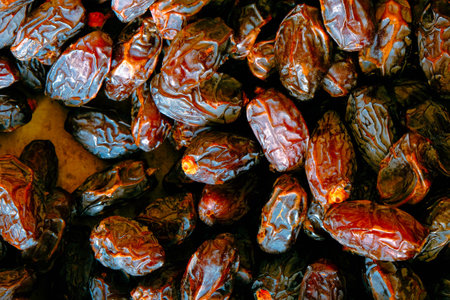 Dried dates fruits in a market, closeup of photo.