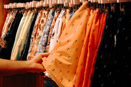 Male hand holding colorful t-shirts on hangers in clothing store
