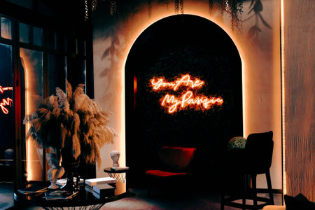 Restaurant interior design. Night club bar with neon lights.