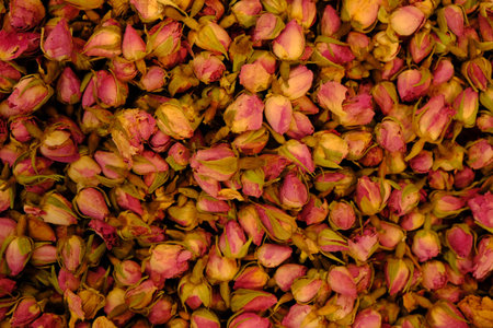 Background of dried rose buds. Close-up. Selective focus.の写真素材