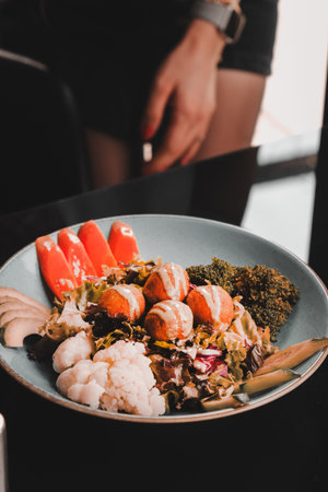 Fresh salad plate with mixed greensの写真素材