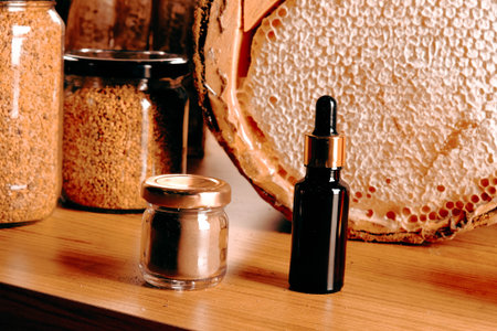 cosmetic products on a wooden shelf, beauty and skin care conceptの写真素材