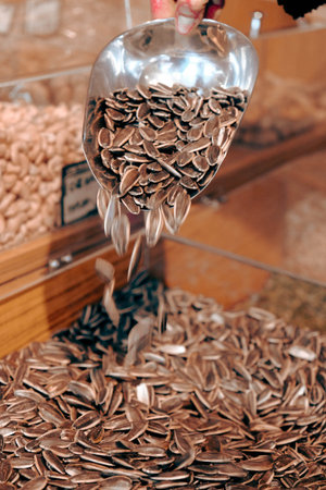 Sunflower seeds being poured from a metal scoop.