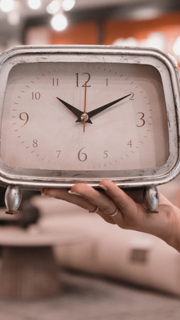 cropped shot of woman holding alarm clock in cafe, focus on hands