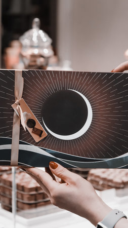 cropped shot of woman holding gift box with bow in jewelry storeの写真素材