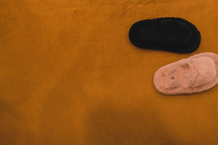 A pair of slippers on a brown background.の写真素材