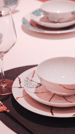 Ceramic tableware and cutlery on the table.