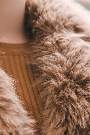 Close-up of a woman wearing a fur coat. Shallow depth of fieldの写真素材