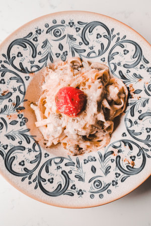 Tasty appetizing classic Italian pasta with a delicious sauce.の写真素材