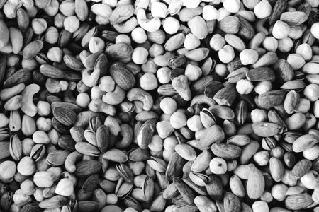 Pile of nuts background. Black and white. top view