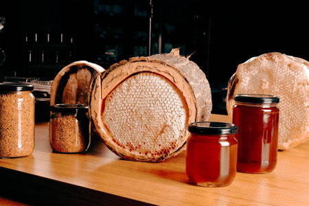 Honeycombs and jars with honey on a wooden table.