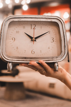 cropped shot of woman holding retro clock in cafe, time concept