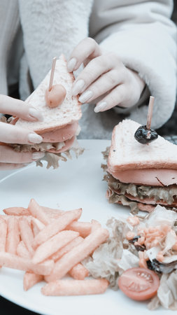 Delicious meat sandwich on the tableの写真素材